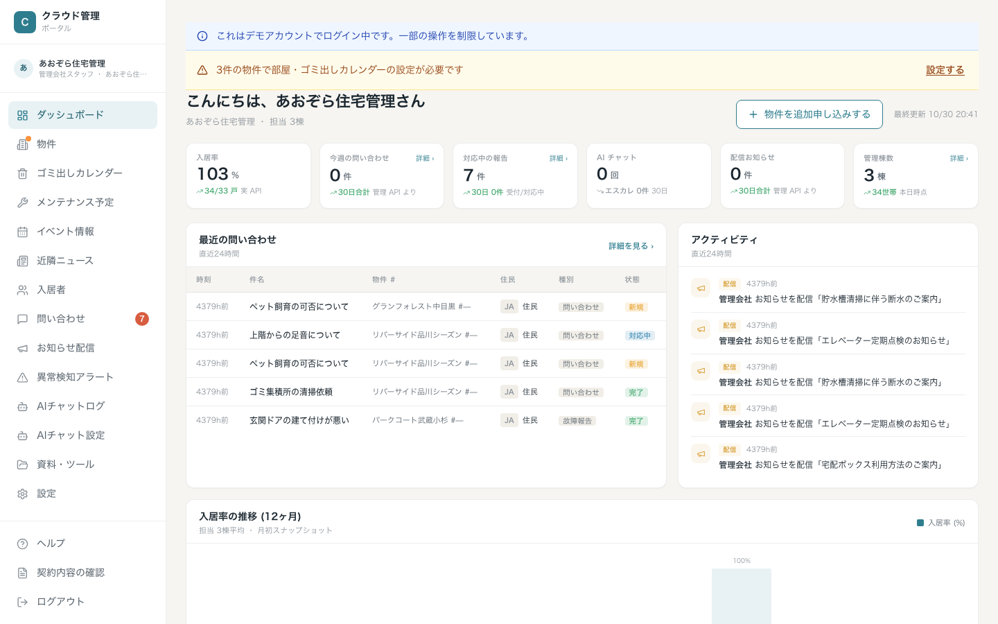 管理コンソールのトップ（ダッシュボード）。左のサイドバーから各機能を開きます